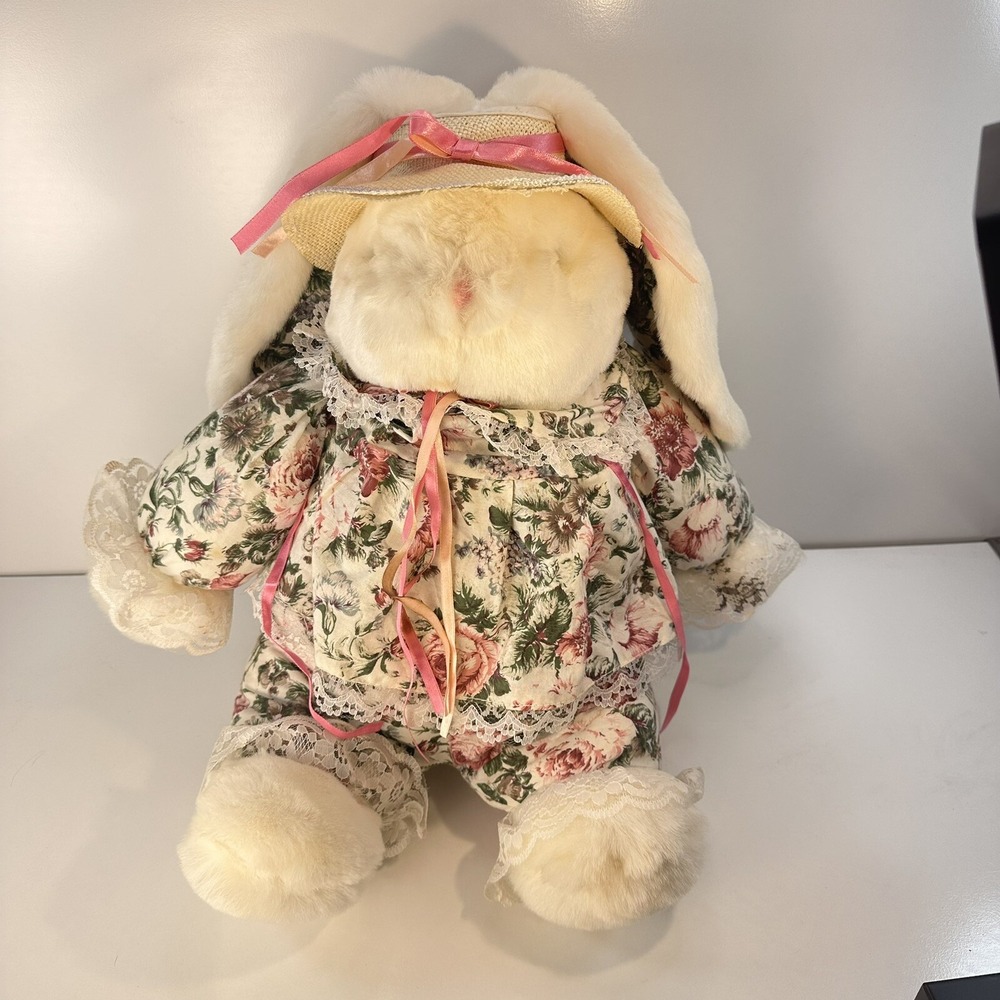 1988 Chrisha Playful Plush 18" Floral Print Bunny Rabbit Stuffed Vintage Easter